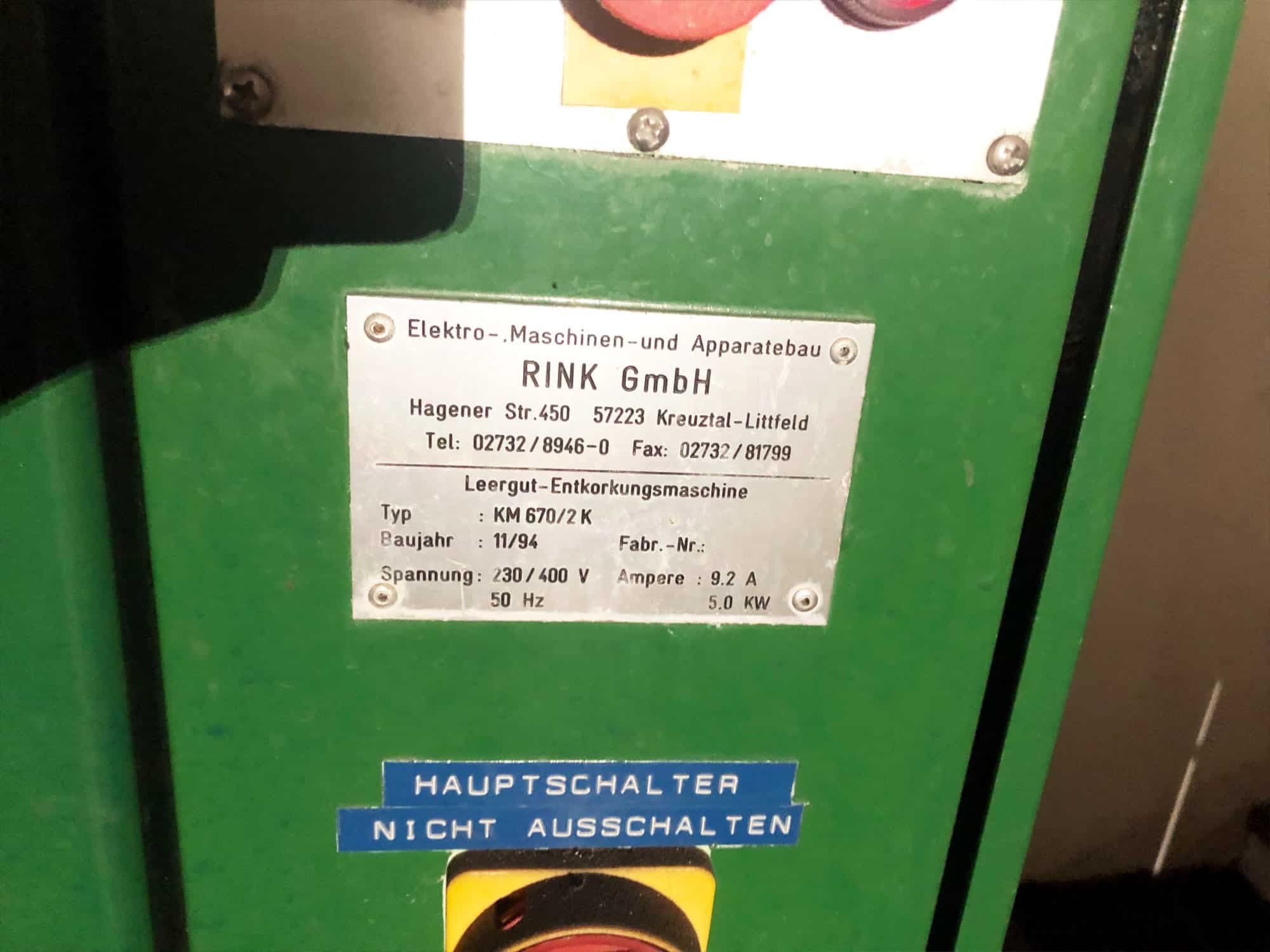 Typenschild von Rink KM 670/2K 